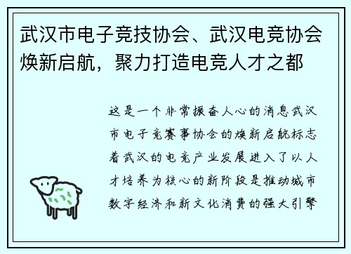 武汉市电子竞技协会、武汉电竞协会焕新启航，聚力打造电竞人才之都